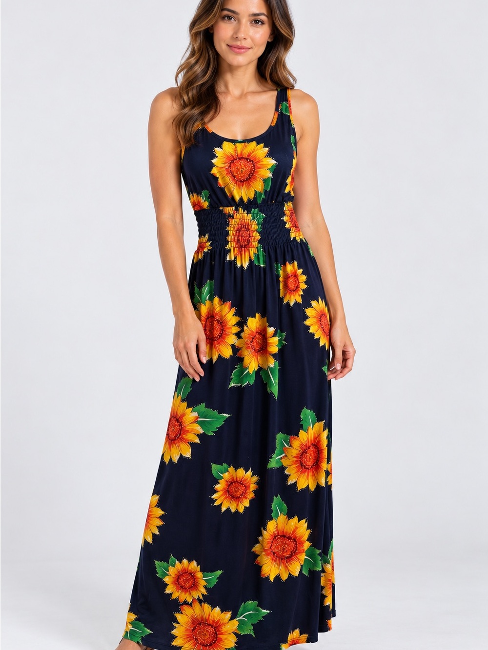 Navy Sunflower Print Maxi Dress - Women's Floral Summer Dress